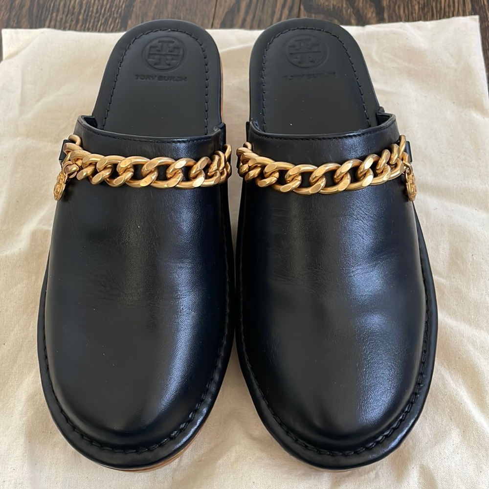 Tory Burch Black Leather Clogs- 5.5